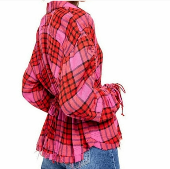 WOMENS FREE PEOPLE RED COMBO BLOUSE RED/PINK SIZE L - Picture 3 of 10